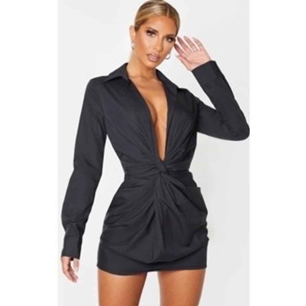 Black Deep Plunge V-Neck Mini Shirt Dress Size 4 Sexy Baddie Clubbing Goth‎